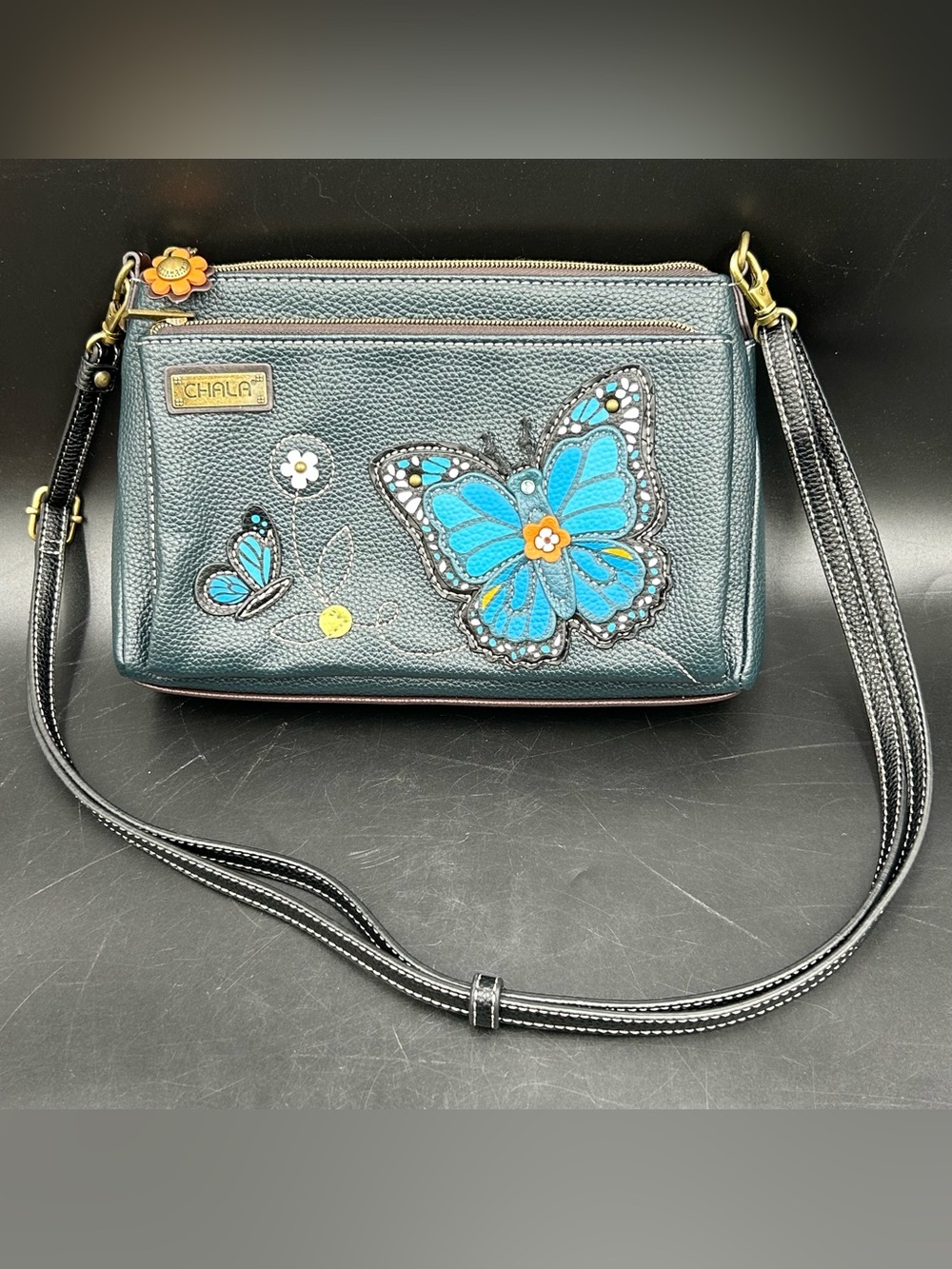 Chala Blue Monarch Butterfly Mini Crossbody Bag Vegan Leather Convertible